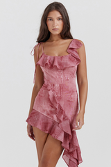 Lyrah Pink Printed Ruffle Mini Elbise
