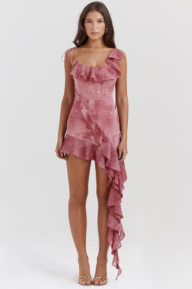 Lyrah Pink Printed Ruffle Mini Elbise